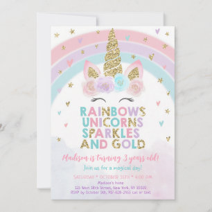 Unicorn Rainbow Gold Sparkles Birthday Invitation