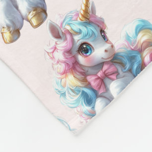 Unicorn Rainbow Hair Blue Eyes Gold Horn Fleece Blanket