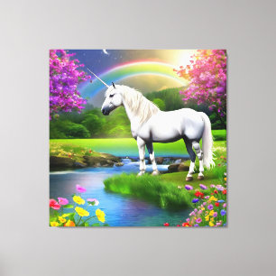 Unicorn Rainbow Landscape Flowers Four Canvas Print