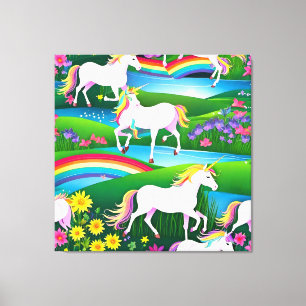 Unicorn Rainbow Landscape Flowers Two Canvas Print