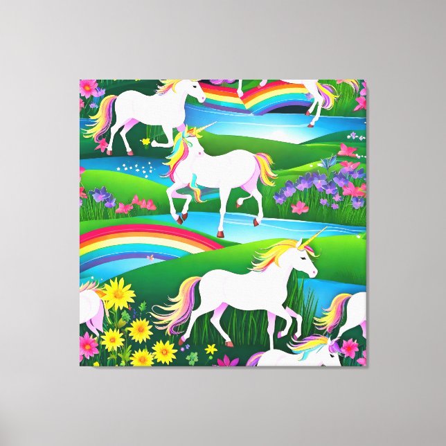 Unicorn Rainbow Landscape Flowers Two Canvas Print (Front)