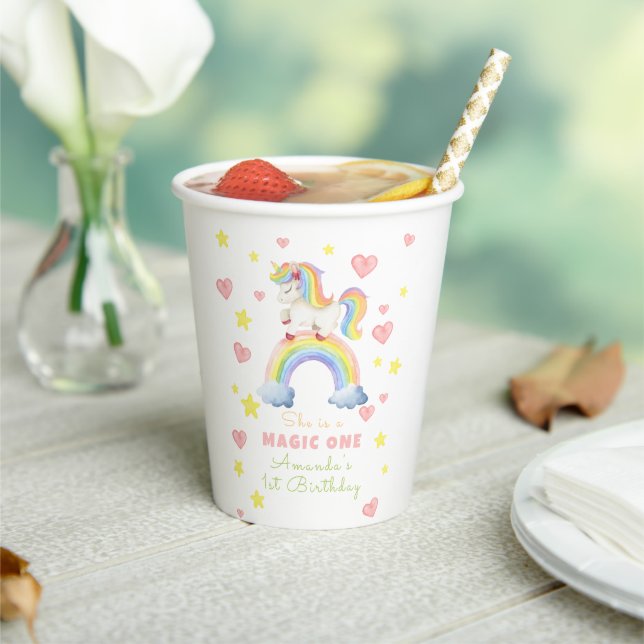 Unicorn Rainbow Magic One First Birthday Paper Cups (Insitu)