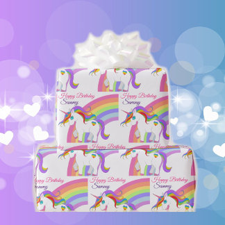 Unicorn Rainbow Personalise Name Little Girl's  Wrapping Paper