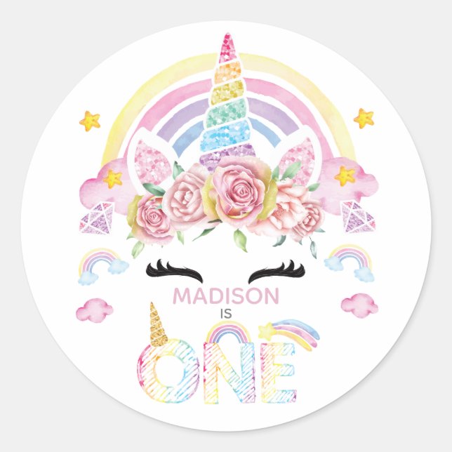 Unicorn Rainbow Personalised First Birthday Classic Round Sticker (Front)