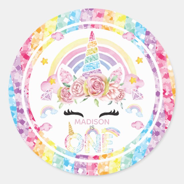 Unicorn Rainbow Personalised First Birthday Classic Round Sticker (Front)