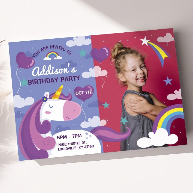 Unicorn Rainbow Photo Birthday Party Invitation (Creator Uploaded)