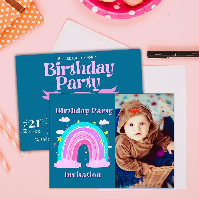 Unicorn Rainbow Photo Kids Birthday Invitation Postcard (Unicorn Rainbow Photo Birthday Party Invitation Postcard)