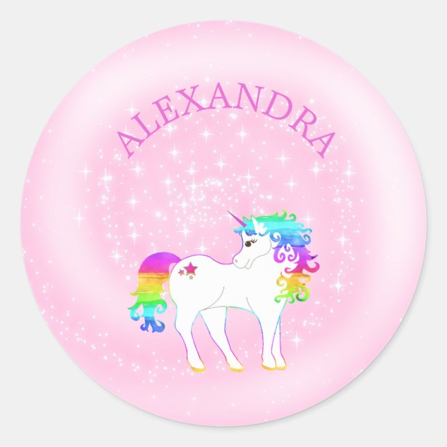 Unicorn Rainbow Pink Cute Girls Named Classic Round Sticker (Front)