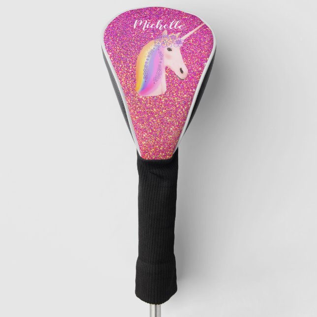 Unicorn Rainbow Pink Glitter Sparkle Chic Custom Golf Head Cover (Front)