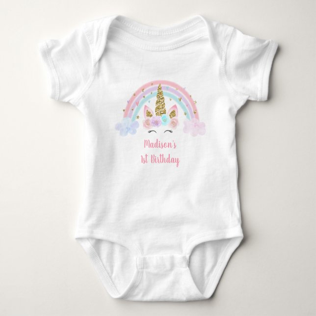 Unicorn Rainbow Pink Gold 1st Birthday Baby Bodysuit (Front)