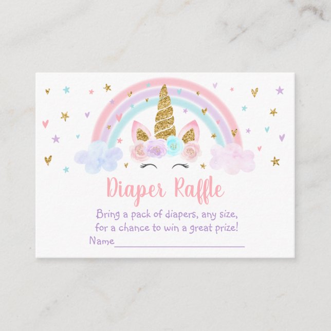 Unicorn Rainbow Pink Gold Baby Diaper Raffle Enclosure Card (Front)