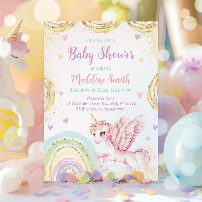 Unicorn Rainbow Pink Gold Baby Shower Invitation (Creator Uploaded)
