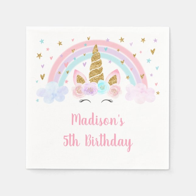 Unicorn Rainbow Pink Gold Birthday Napkin (Front)