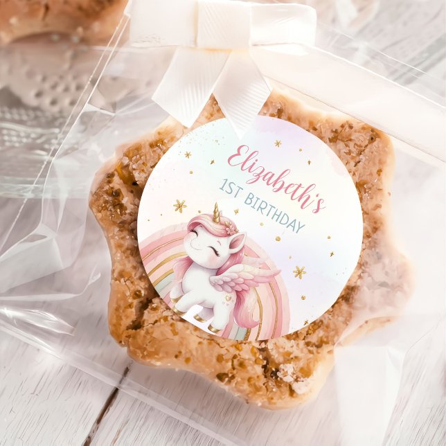 Unicorn Rainbow Pink Gold Pastel Birthday Classic Round Sticker (Creator Uploaded)