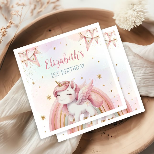 Unicorn Rainbow Pink Gold Pastel Birthday Napkin (Creator Uploaded)