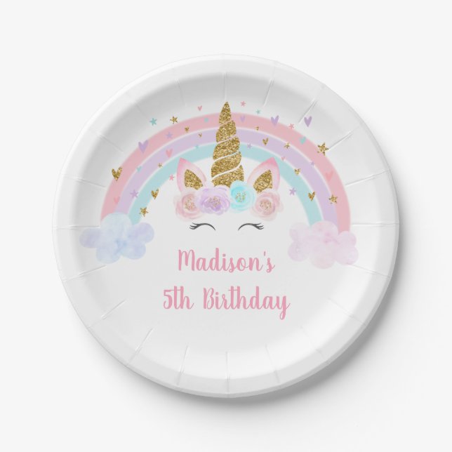 Unicorn Rainbow Pink Gold Pastel Birthday Paper Plate (Front)