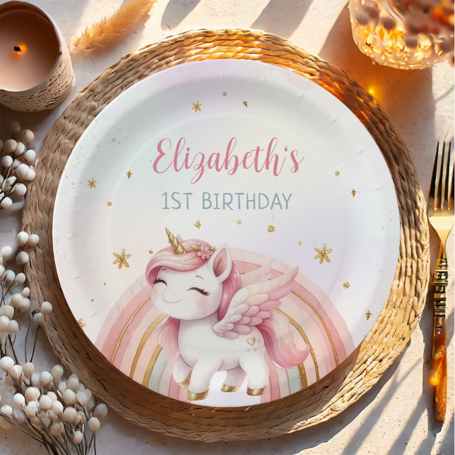 Unicorn Rainbow Pink Gold Pastel Birthday Paper Plate (Creator Uploaded)