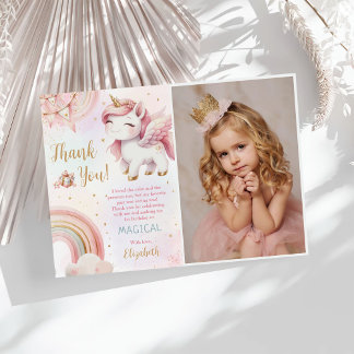 Unicorn Rainbow Pink Gold Pastel Birthday Photo Thank You Card
