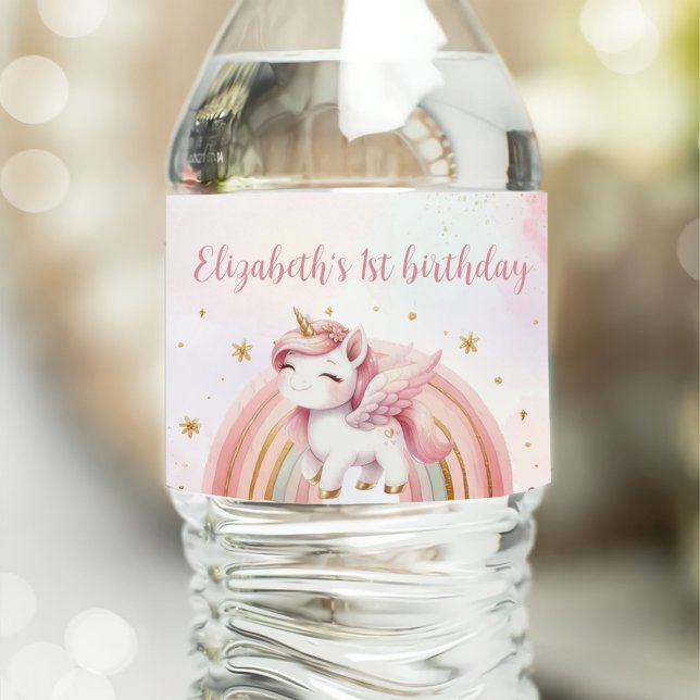 Unicorn Rainbow Pink Gold Pastel Birthday Water Bottle Label (Creator Uploaded)