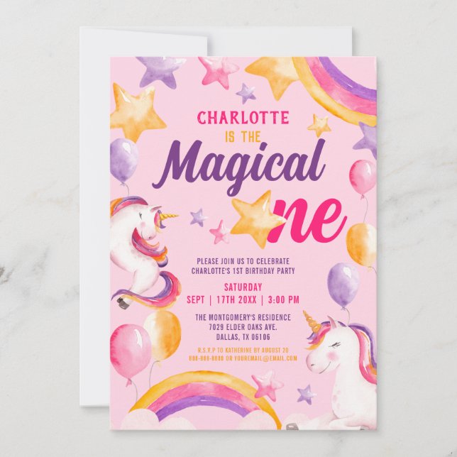 Unicorn Rainbow Pink Magical One 1st Birthday Invitation (Front)