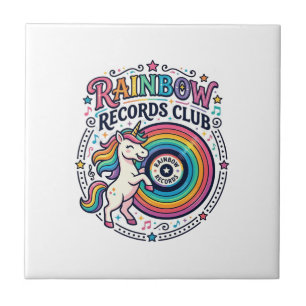 Unicorn Rainbow Records Club White Background Cute Tile