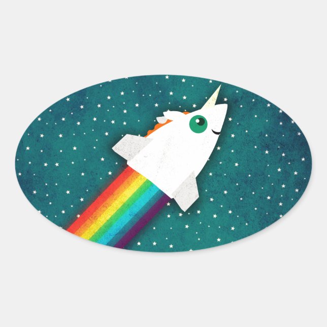 Unicorn Rainbow Rocket Oval Sticker (Front)