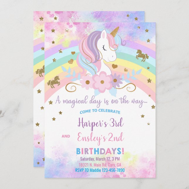 Unicorn & rainbow siblings birthday invitation. invitation (Front/Back)