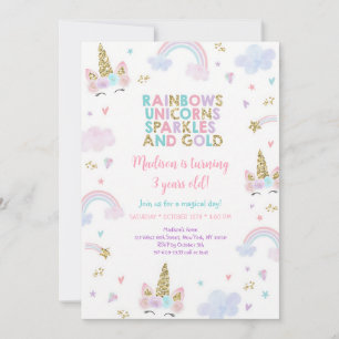 Unicorn Rainbow Sparkles Gold Birthday Invitation