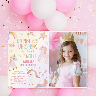 Unicorn Rainbow Sparkles Gold Birthday Photo Invitation
