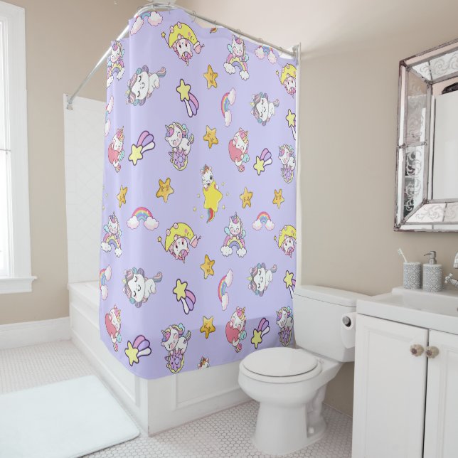 Unicorn Rainbow Star Light Purple Themed Shower Curtain (In Situ)