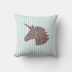 Unicorn Rainbow Teal and White Stripe Throw Pillow