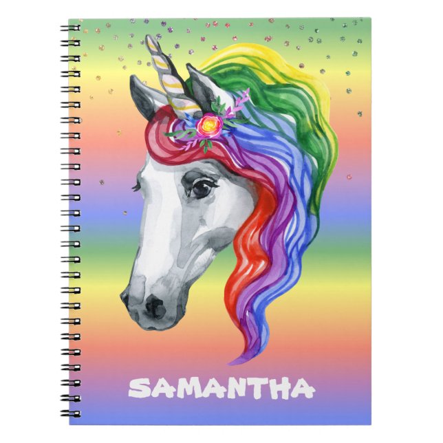 Unicorn Rainbow Watercolor Monogram Name   Notebook (Front)