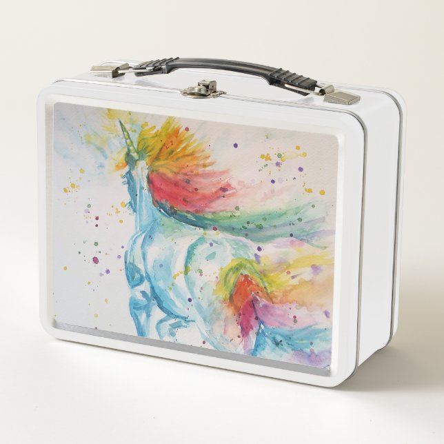 Unicorn Rainbow Watercolour Art Chids Lunch Box (Front)