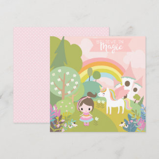 Unicorn Rainbow with Girl and Fantasy Castle