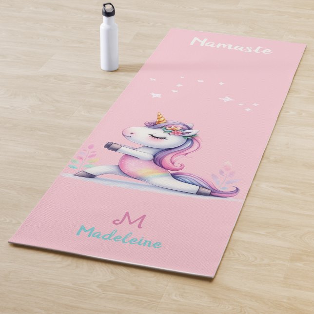 Unicorn Rainbow Yoga Pose Cute Pink Name Monogram Mat (In Situ)