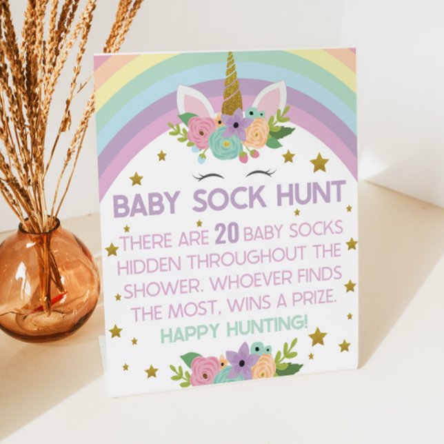Unicorn Rainbows Baby Sock Hunt Baby Shower Game Pedestal Sign (Creator Uploaded)
