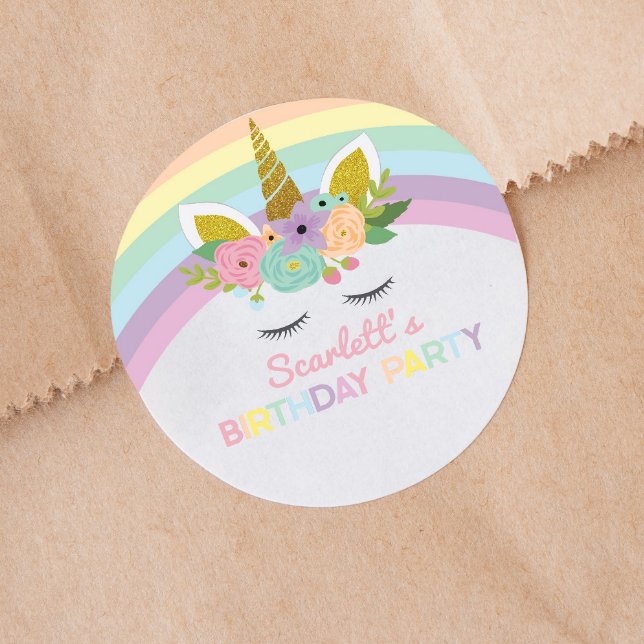 Unicorn Rainbows Birthday Party Favour Classic Round Sticker (Creator Uploaded)