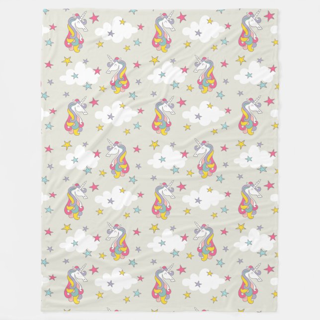 Unicorn Rainbows Clouds and Colourful Stars Fleece Blanket (Front)