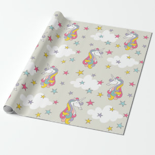 Unicorn Rainbows Clouds and Colourful Stars Wrapping Paper