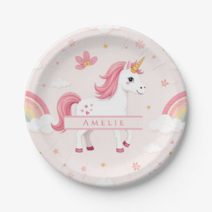 Unicorn, Rainbows, Flowers, Name, Party Paper Plate
