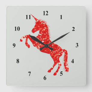 Unicorn red glitter mythical fantasy square wall clock