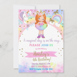 Unicorn red hair girl magical birthday invitation. invitation
