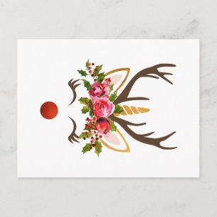 Unicorn Reindeer Antler / Christmas Flowers Holiday Postcard