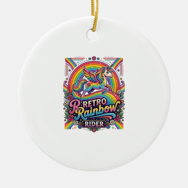 Unicorn Retro Rainbow Rider Ceramic Tree Decoration (Front)