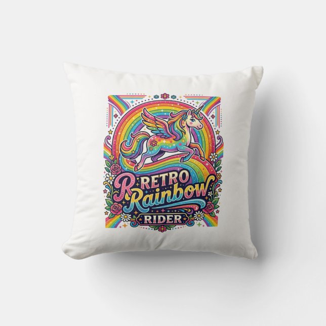 Unicorn Retro Rainbow Rider Cushion (Front)