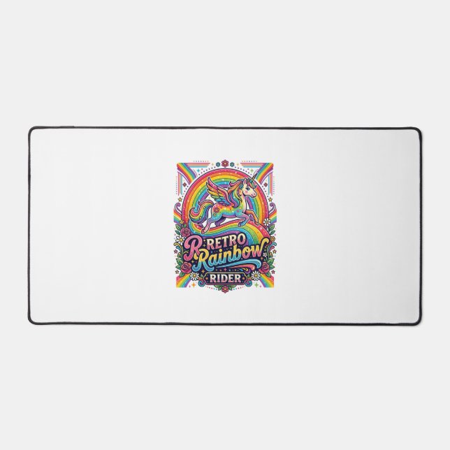 Unicorn Retro Rainbow Rider Desk Mat (Front)