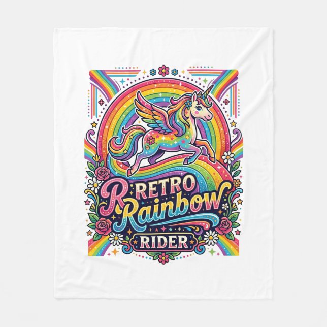 Unicorn Retro Rainbow Rider Fleece Blanket (Front)