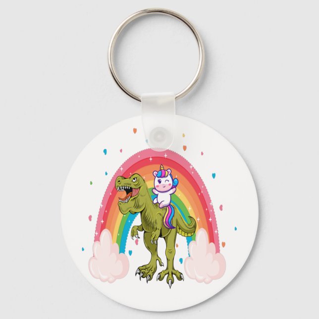 Unicorn Riding Dinosaur Basic Button  Key Ring (Front)