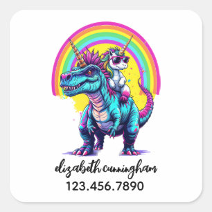 Unicorn Riding Dinosaur Rainbow Name school Square Sticker