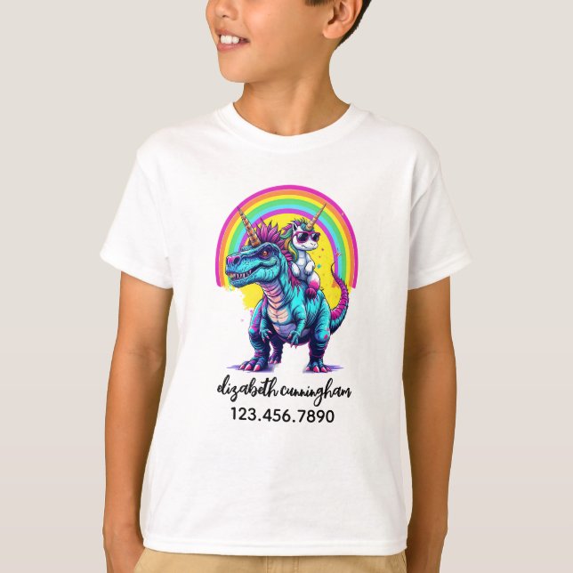 Unicorn Riding Dinosaur Rainbow Name school T-Shirt (Front)